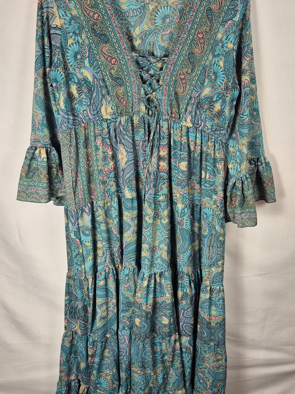 Anthropologie Teal Paisley Maxi Dress with Pink and Yellow Accents